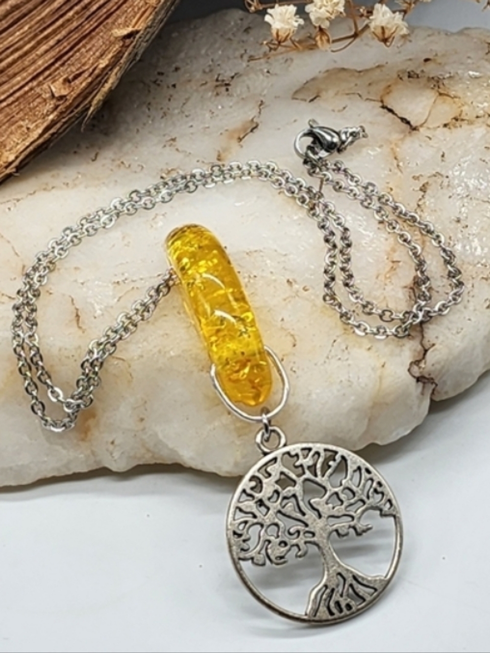 ❤️ Silver Pendant Tree Of Life Beeswax Resin Amber Silver Necklace